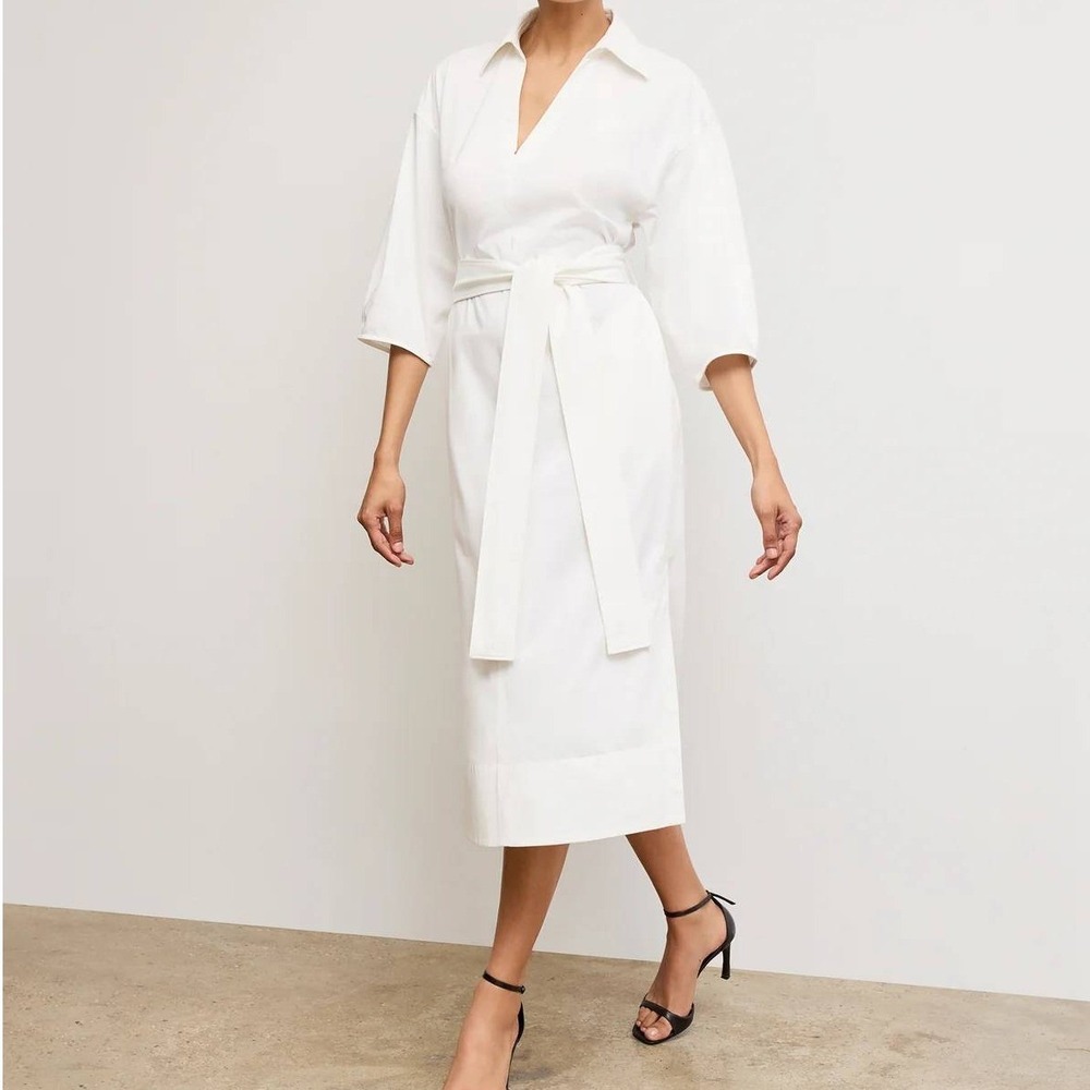 MM Lafleur White The Fanfan Shirt Midi Dress Knit Poplin Tie Waist Size Medium